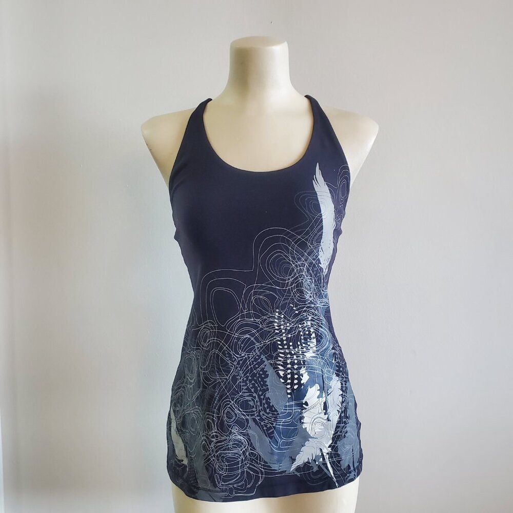 Lole W S Racerback Athletic Tank Top Black W/ Silver, White Geometric Print A209
